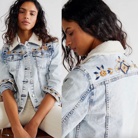 Free People DRIFTWOOD Embroidered Motif Sherpa Trucker Jacket Size Medium - Picture 1 of 15